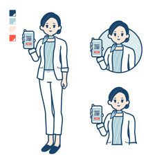 ビューティーアドバイザー女性がスマートフォンでキャッシュレス決済しているイラスト