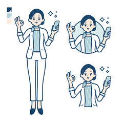 ビューティーアドバイザー女性がスマートフォンを持ちOKサインをしているイラスト