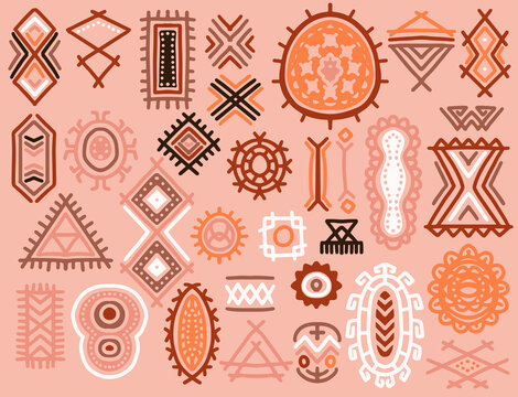 Hand drawn ethnic tribal elements set in colorful style. Abstract african art shapes collection, tribal doodle decoration set. Random ethnic shapes, animal print texture and traditional hand drawn