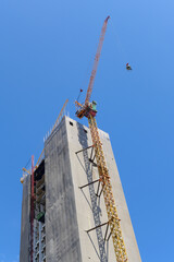 Construction crane and the building against the blue sky