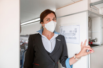 Fototapeta na wymiar Female flight attendant in medical mask standing in airplane