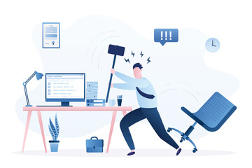 Sad male office worker wants to smash his workplace using hammer. Burnout at work. Unhappy businessman. Business stress, deadline. Dissatisfaction with work.