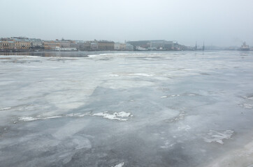 Winter cityscape with frozen Neva river