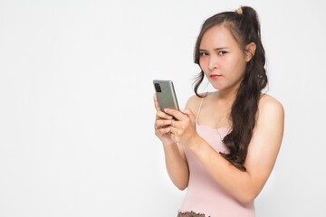 Fototapeta premium Cute Asian woman is angry and chatting about something for social media concept