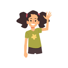 Cute girl waves her hand in greeting, smiling cartoon kid character saying hi