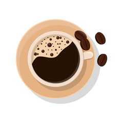 Coffee mug and coffee beans top view