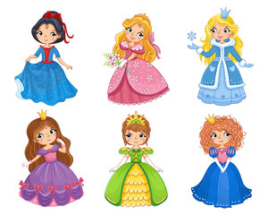 Set with cartoon girls. Vector illustration with princesses in colorful dresses.