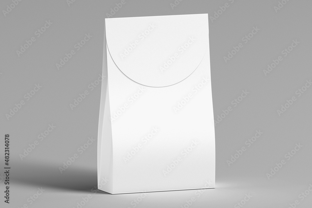 Poster empty blank white paper pouch packaging mockup with clipping path isolated on a grey background. 3d 