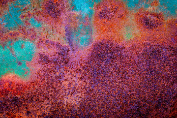 Flat image of red and brown rust texture on a dirty blue background, texture and rust surface. background, wallpaper, abstract.