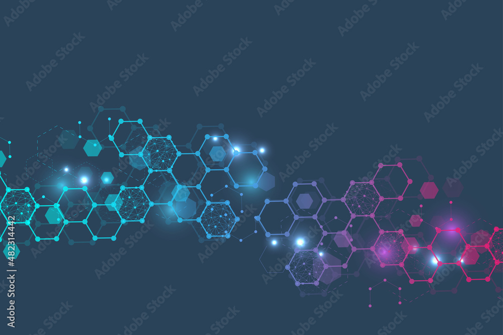 Poster science network pattern, connecting lines and dots. technology hexagons structure or molecular conne