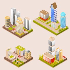 Isometric city part with business center and shop mall skyscraper set. Commercial real estate