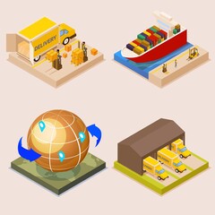 Cargo delivery and shipping isometric set. Global logistics composition, trucking and maritime distribution