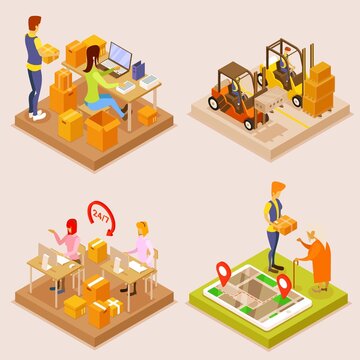 Logistics and delivery isometric set. Warehouse and goods storage, round-the-clock fast shipping