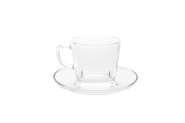 Empty glass coffee cup with saucer on white background