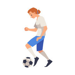 vector ilSoccer player woman or girl kicking ball, flat vector illustration isolated