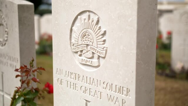 Australian Soldier Headstone Grave closeup at a War Memorial Cemetery amongst a beautiful Green Garden with Red Roses in Ypres Beglium, sliding handheld shot.