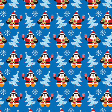 christmas seamless pattern with penguins and trees
