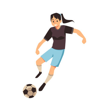 Girl player in sports uniform plays soccer with ball in vector illustration