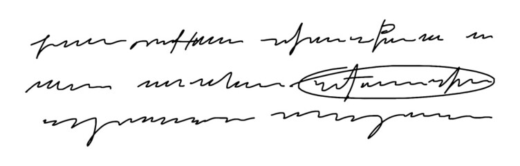 Unreadable text written with a pen. An excerpt of handwritten text with the word highlighted. Vector illustration of a letter with unreadable handwriting isolated on a white background.