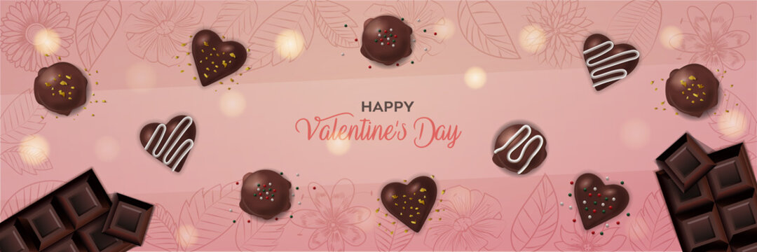 Valentines Day Chocolates Horizontal Banner for website header. Love Heart shaped Chocolate. Elegant Pink peach colored background. Romantic sweet theme with dessert and candy. Advertisement menu card