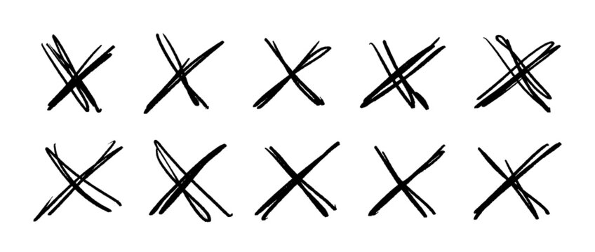 A set of scribble crosses to cross out or mark text. X sign in sketch style. Hand written doodle denial signs isolated on white background.
