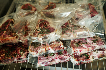 Fresh raw good quality meat on counter in Butcher shop