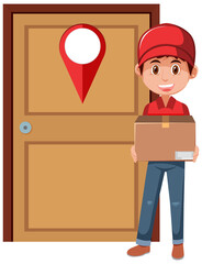 Delivery man holding a package in front of the door