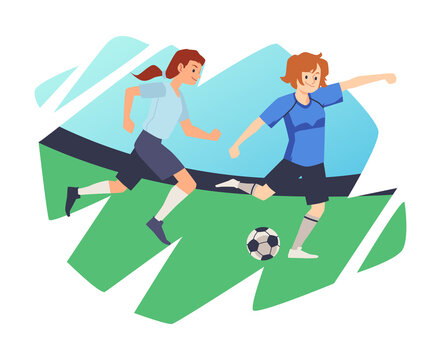 Soccer or football female players at stadium, flat vector illustration isolated.