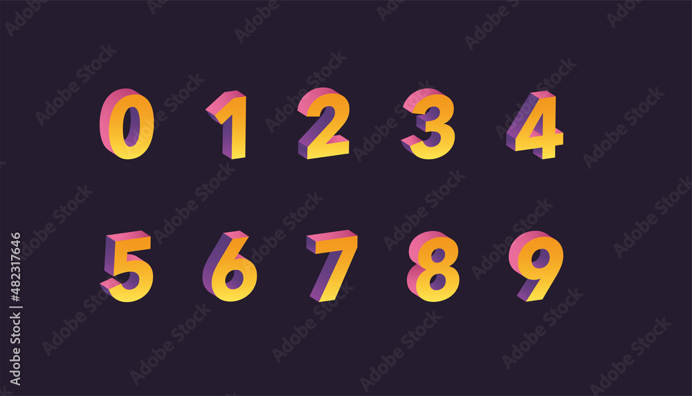Fototapete isometric numbers from zero to nine, 3d gradient color set
