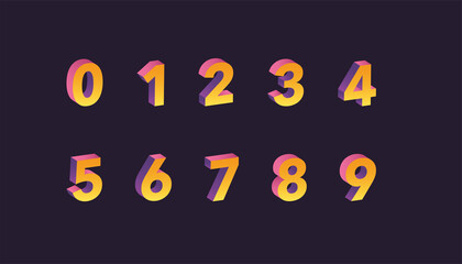 Isometric numbers from zero to nine, 3D gradient color set