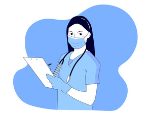 Young female doctor standing with stethoscope. Vector illustration in flat style. medicine, occupation concept for banner, website design or landing web page. Hospital doctor staff.