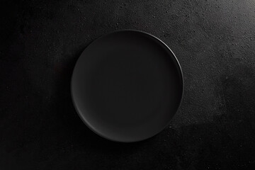 Empty black plate on black textured background. Moody, top down view.