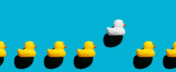 Rubber duck stands out from the crowd. Diversity, individuality, difference, minority or...