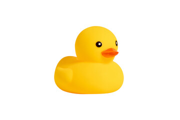 Yellow rubber duck toy isolated on white background.
