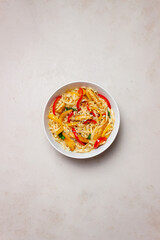 Udon noodles with chicken, pepper and sesame. Chinese food.