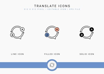 Translate icons set vector illustration with solid icon line style. Text language publication concept. Editable stroke icon on isolated background for web design, user interface, and mobile app