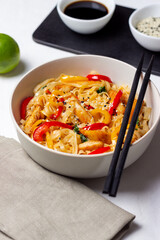 Udon noodles with chicken, pepper and sesame. Chinese food.