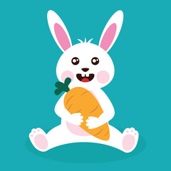 Easter white rabbit holding a carrot. Cute cartoon white bunny. Vector illustration.