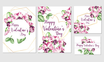 set of valentine's day card designs with hand painted watercolor illustration of sweet pea flowers