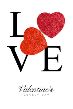 Valentines Day card or poster design with two reds romantic hearts and black callygraphy. Love - Lovely Day