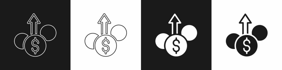 Set Financial growth dollar coin icon isolated on black and white background. Increasing revenue. Vector