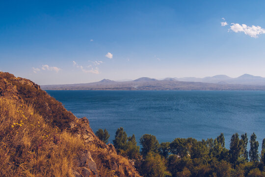 Beautiful autumn view of Sevan lake with blue water, Sevan, Armenia