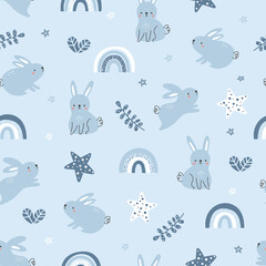 Cute bunnies blue seamless pattern - 482319859