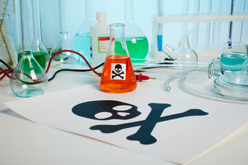 Death printed symbol on a chemical table. Poison fluids in toxicology laboratory. Photo contains danger paper sheet, test tubes, orange colored liquid in chemical flask, some retorts, electrodes - obrazy, fototapety, plakaty