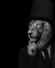 Man in the form of a Lion , The lion person , animal face isolated black white	
