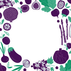 Various purple vegetables, fruits, berries - round design template with text space. Frame with violet vegetable products in flat style. Vector illustration with cabbage, plum, and other food