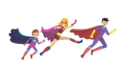 Fototapeta na wymiar Superheroes parents and their children run to the rescue