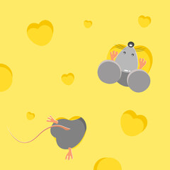 The mouse burrowed into a large piece of cheese. Cheese with holes in the form of hearts from which the butt of the mouse sticks out. 