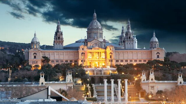 Time lapse od Barcelona - MNAC at sunset, Spain
