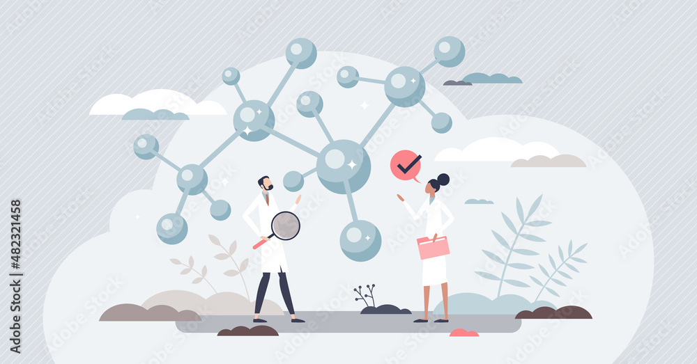 Poster materials science for structure and properties research tiny person concept. scientists work with ne
